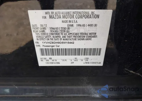 2013 Mazda Mazda6 I Touring из США, поврежденный, VIN 1YVHZ8DH9D5M15442